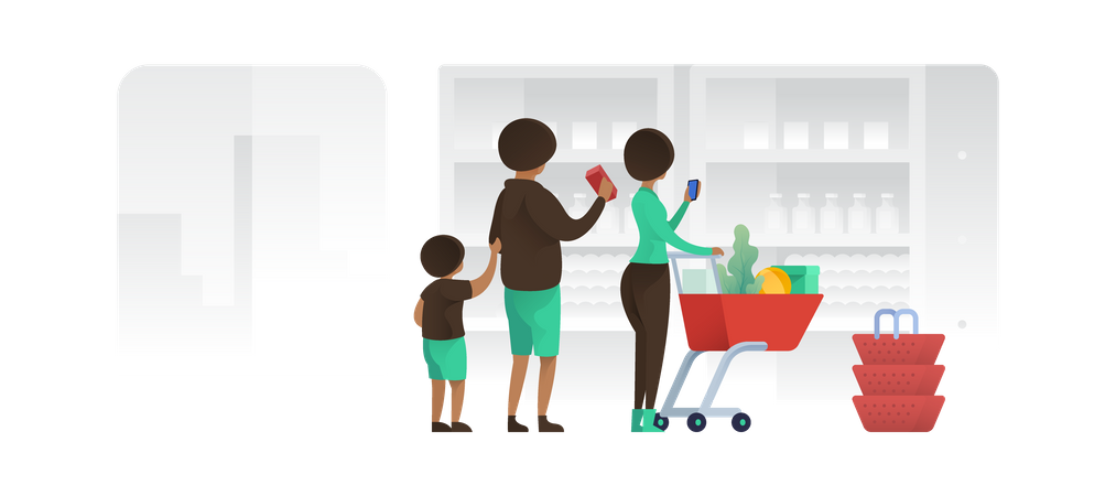 Family With A Shopping Cart In Mall  Illustration