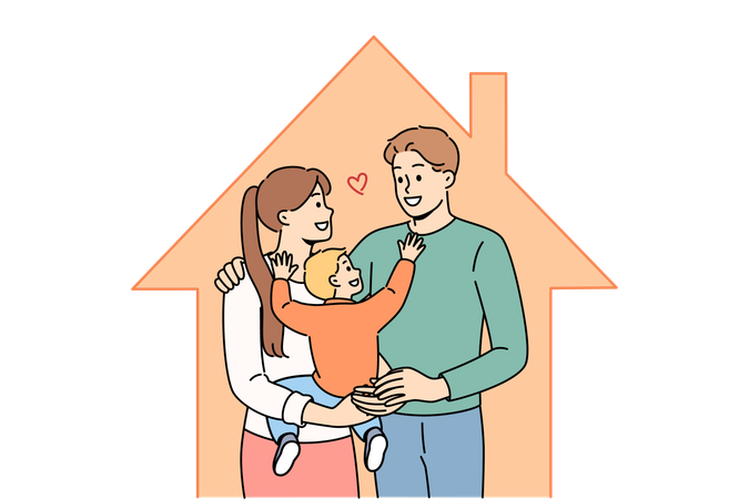 Family with baby standing inside house after purchasing own home with mortgage  イラスト