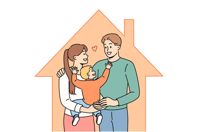 Family With Baby Is Standing Inside House After Purchasing Own Home With Mortgage Or Taking Out Property Insurance Happy Husband And Wife Rejoice In Renting New House In Good Area Illustration