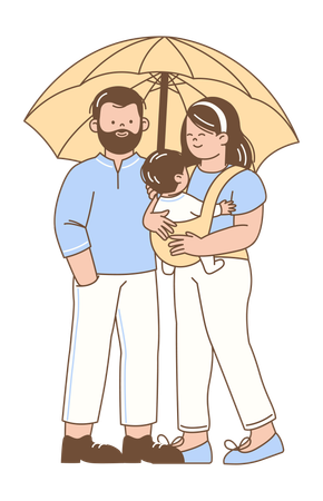 Family with Baby Under Umbrella  Illustration
