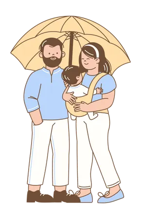 Family with Baby Under Umbrella  Illustration