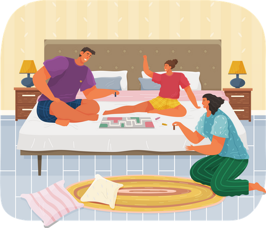 Family with board game spend time in bedroom  Illustration