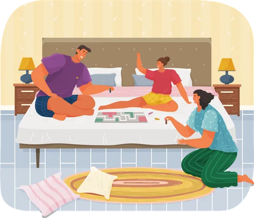 Cheerful Family Plays Board Games With Child Joyful Man And Women Sit Together At Home At Couch Talk And Rest Home Activities And Entertainment People With Desktop Game Spend Time In Bedroom Illustration