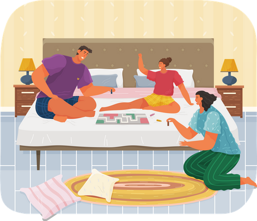 Family with board game spend time in bedroom  Illustration