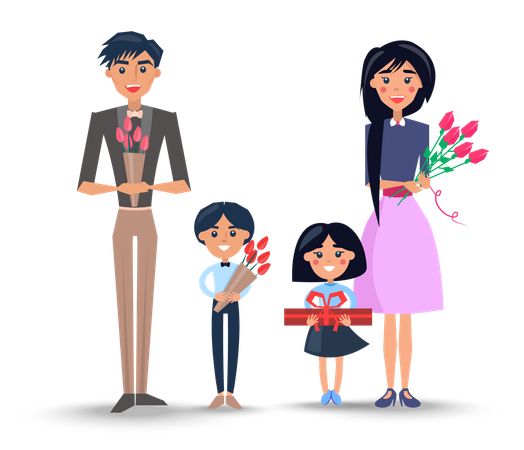 Family with Bouquets and Present Illustration