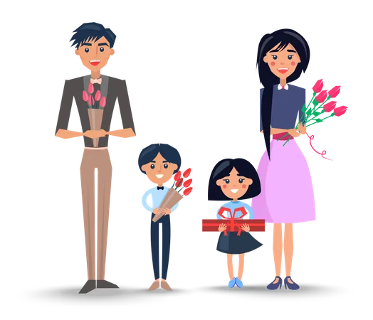 Father In Suit Son In Bowtie And Mother In Skirt With Bouquets Of Tulips And Daughter With Big Gift Box In Bow Vector Illustration Illustration