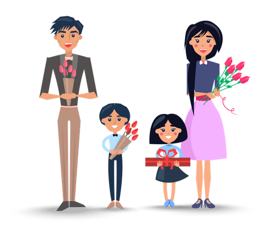 Family with Bouquets and Present  Illustration