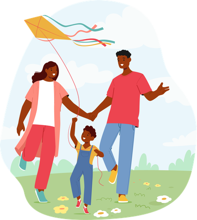 Family With Child flying Kite  Illustration