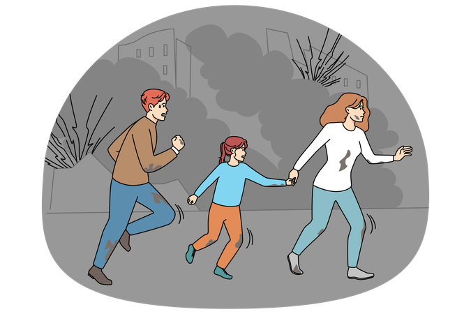 Family with child running from bombings in Ukraine  Illustration