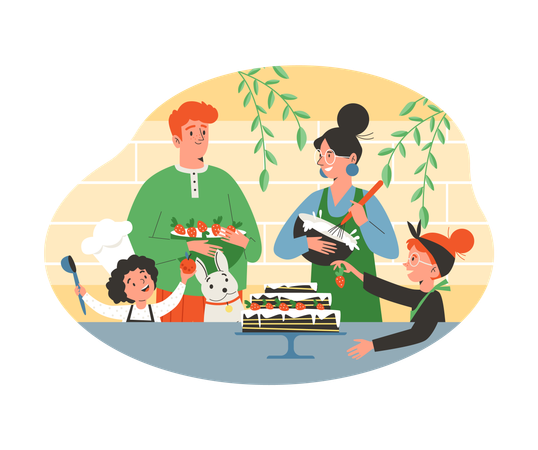 Family with children baking cake at home  Illustration