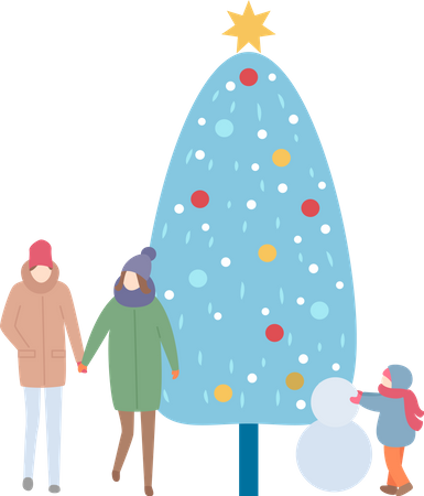 Family with christmas Tree and Snowman  Illustration