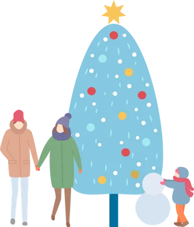 Family with christmas Tree and Snowman  Illustration