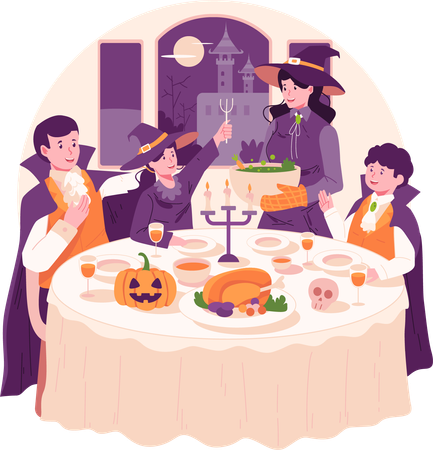 Family With Costumes Having Dinner Together on Halloween Night  Illustration