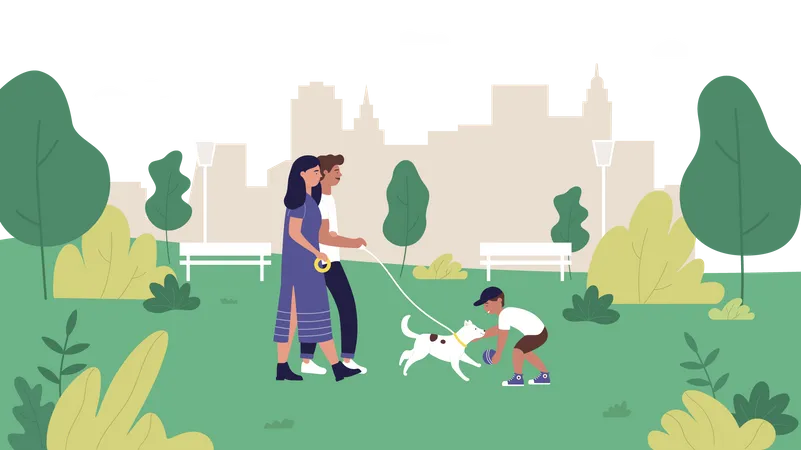 Family with dog in Park  Illustration