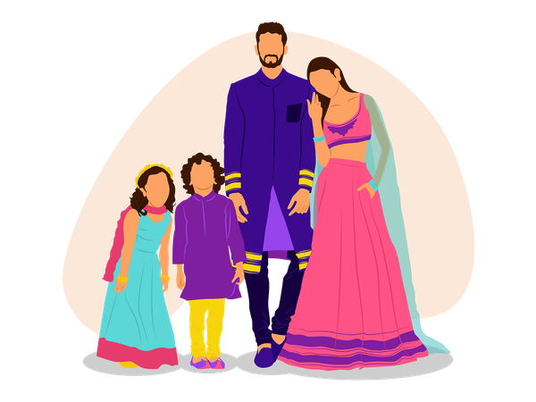 Family with Indian traditional dress  Illustration