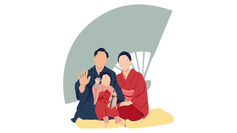 Family with Japan samurai clothes  Illustration