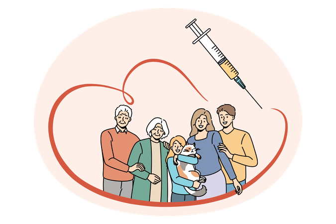 Family with kid child parents and grandparents standing all together and feeling protected with syringe and vaccination  Illustration
