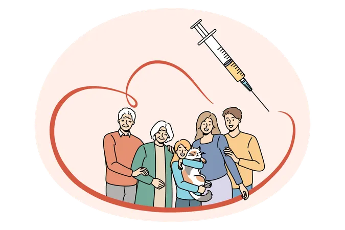 Family with kid child parents and grandparents standing all together and feeling protected with syringe and vaccination  Illustration
