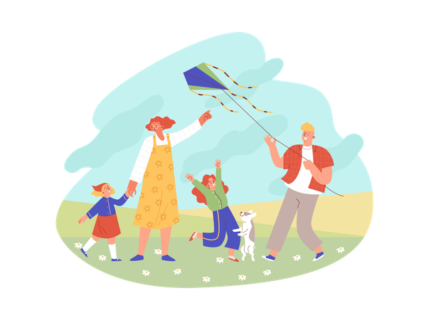 子供と犬を連れて野原や公園で凧揚げをする家族  イラスト