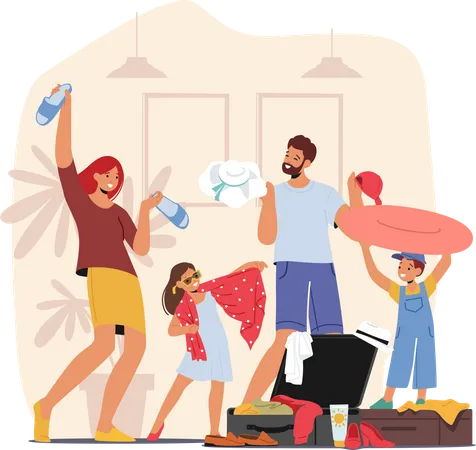 Family With Kids Packing Suitcase Organizing Their Belongings  Illustration