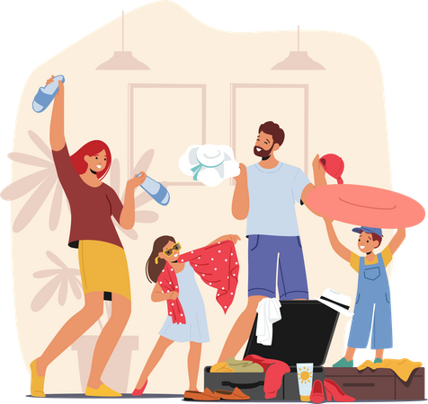 Family With Kids Packing Suitcase Organizing Their Belongings  Illustration