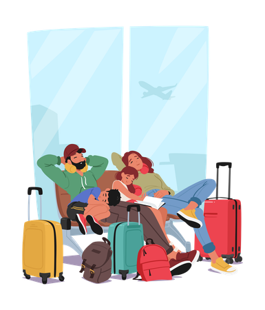 Family With Kids Sprawled In Airport Terminal Exhausted Parents And Children Characters Sitting On Benches  Illustration