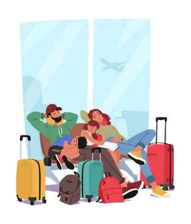 Family With Kids Sprawled In Airport Terminal Exhausted Parents And Children Characters Sitting On Benches  Illustration