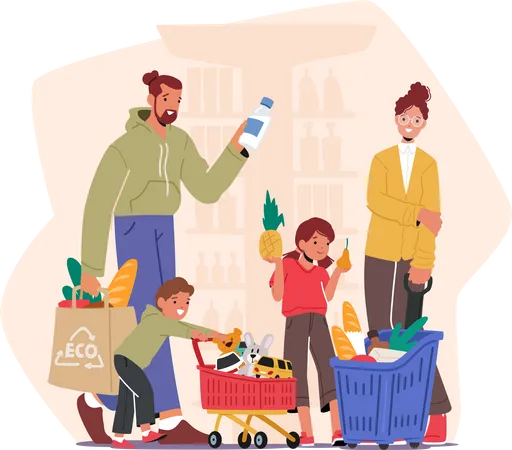 Family With Kids Strolling Through Supermarket  Illustration