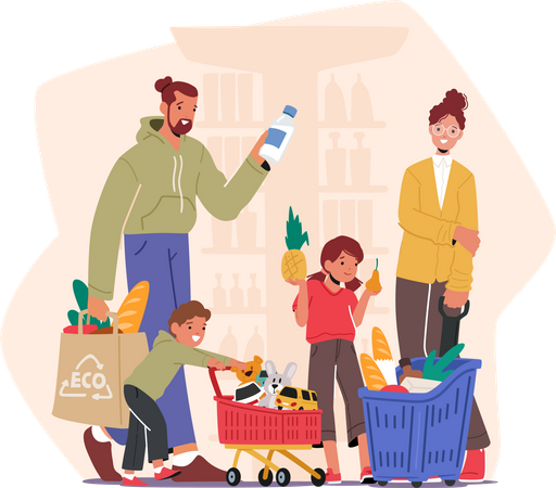 Family With Kids Strolling Through Supermarket  Illustration