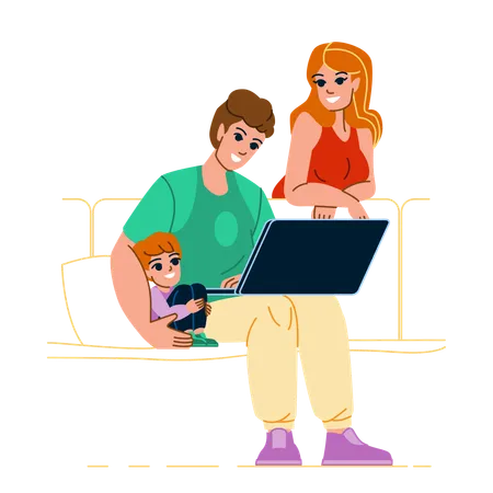 Family Laptop Vector Home Man Woman Computer Together Children Internet Boy Online Family Laptop Character People Flat Cartoon Illustration Illustration