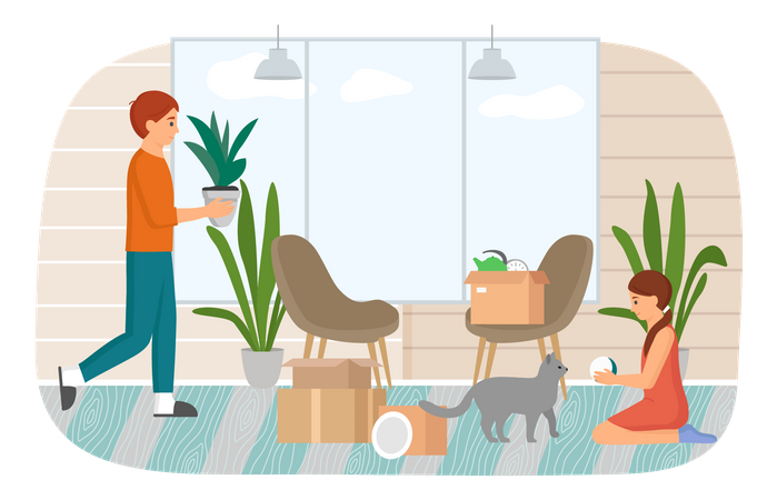 Family with pet moving to new house Illustration