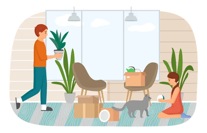 Young Family With Pet Moving To New House Puts Things In Cardboard Boxes Changes Place Of Residence Unpacking Things After Shipping Settle Down In Apartment Decoration Rental Of Premises Concept Illustration
