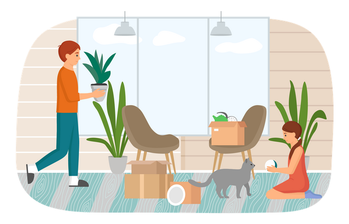 Family with pet moving to new house  Illustration