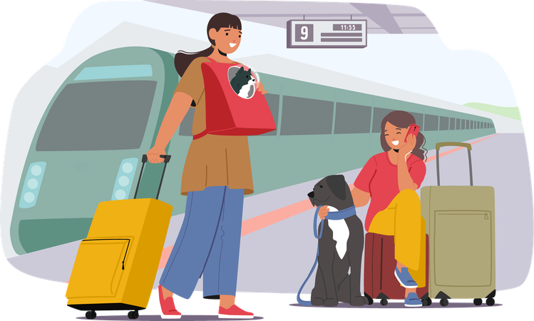 Family with pet On Train Station Platform  Illustration