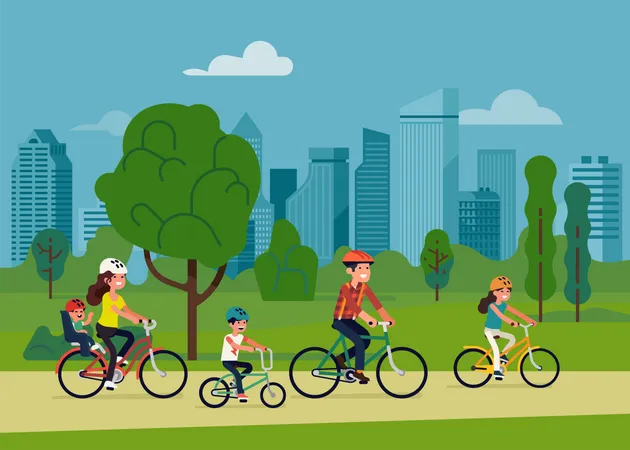 Family with three kids riding bicycles in city park Illustration