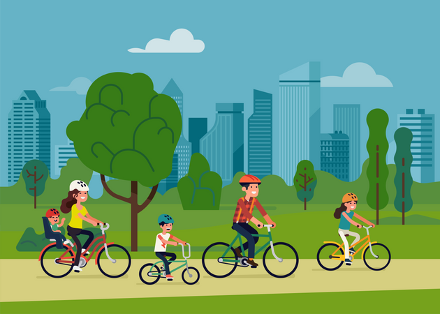 Family with three kids riding bicycles in city park  Illustration