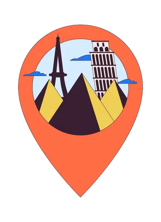 Famous Monuments Pin Location 2 D Linear Cartoon Object Mapping Pinpoint Historic Landmarks Isolated Line Vector Element White Background World Attractions European Color Flat Spot Illustration 일러스트레이션