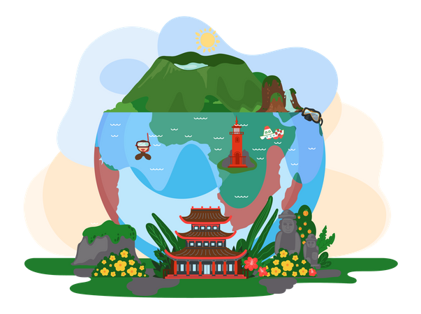 Famous places to visit for tourists around the world Illustration