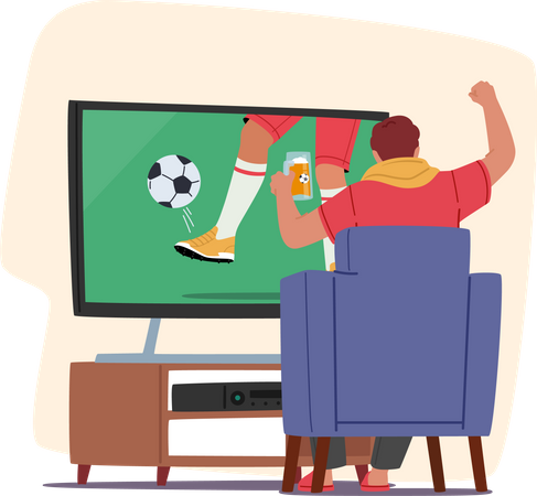 Fan de football regardant un match à la maison à la télévision  Illustration