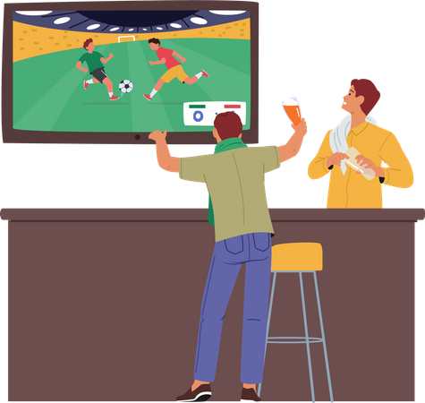 Fan regardant un match de football dans un pub à bière  Illustration