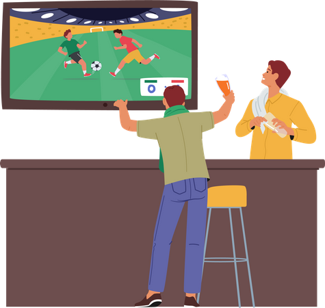 Fan watching football match in beer pub  Illustration