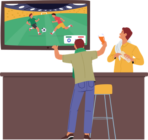 Fan watching football match in beer pub  Illustration