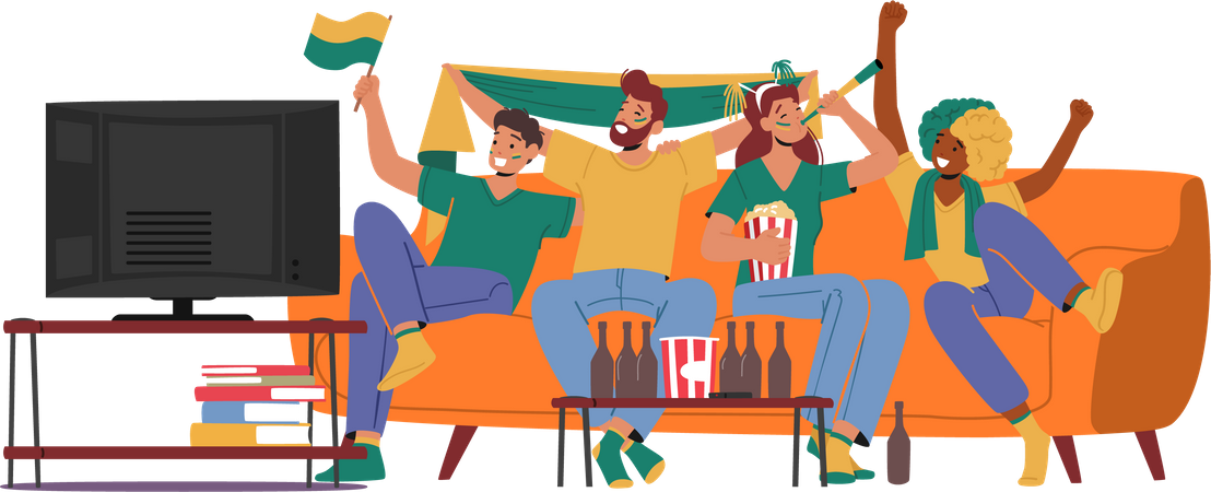 Fanáticos alegres viendo la televisión mientras animan a su equipo deportivo favorito  Ilustración