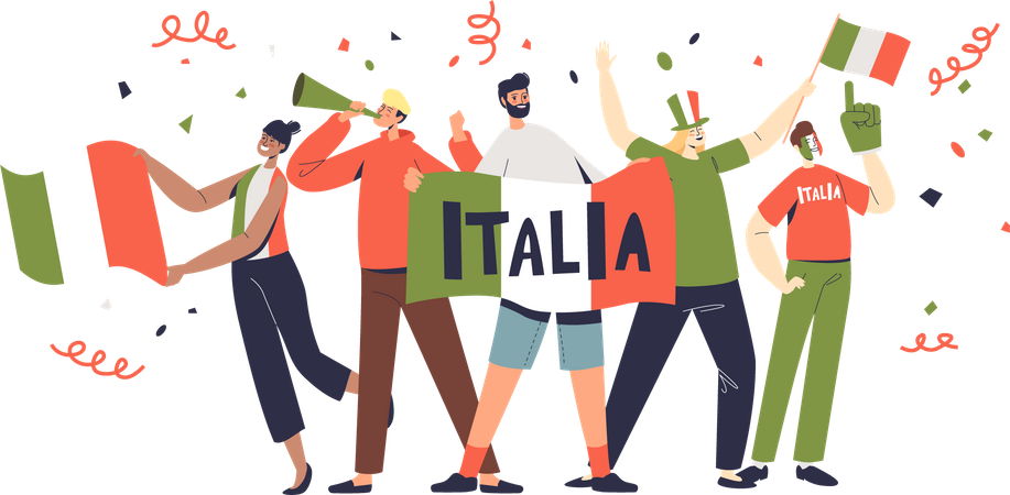 Los aficionados italianos celebran el día de Italia vistiendo los colores nacionales y sosteniendo banderas.  Ilustración