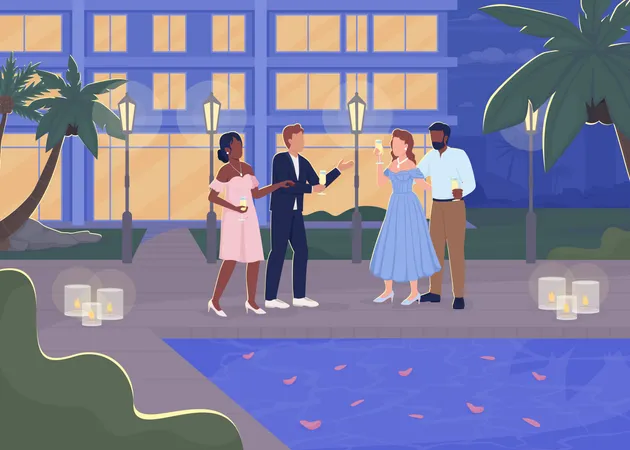 Fancy Evening Party Near Swimming Pool Flat Color Vector Illustration People In Luxury Attire Drinking And Chatting Fully Editable 2 D Simple Cartoon Characters With Lighted Building On Background Illustration