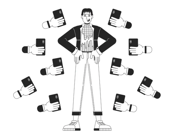 Fans Taking Pictures Of Male Celebrity Black And White 2 D Illustration Concept Fashion Idol Korean Man Cartoon Outline Character Isolated On White Asian Public Figure Metaphor Monochrome Vector Art Illustration