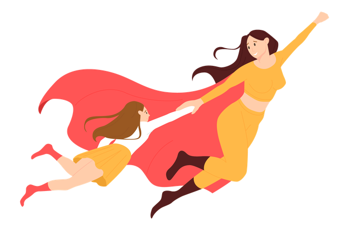 Mãe fantasiada de herói e capa vermelha voando com a menina  Ilustração