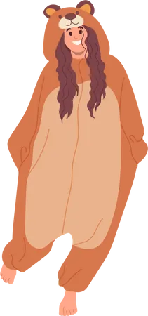 Mulher bonita e engraçada vestindo fantasia de pijama de urso kigurumi  Ilustração