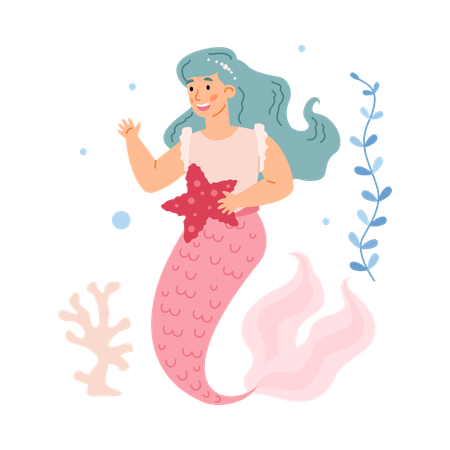 Fantasia linda garota sereia com cauda rosa segurando estrela do mar na mão  Ilustração