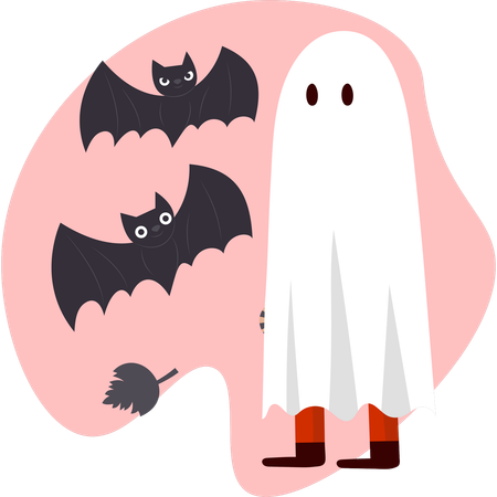 Fantasma caprichoso com morcegos voando ao redor e uma bruxa criando uma cena festiva de Halloween  Ilustração